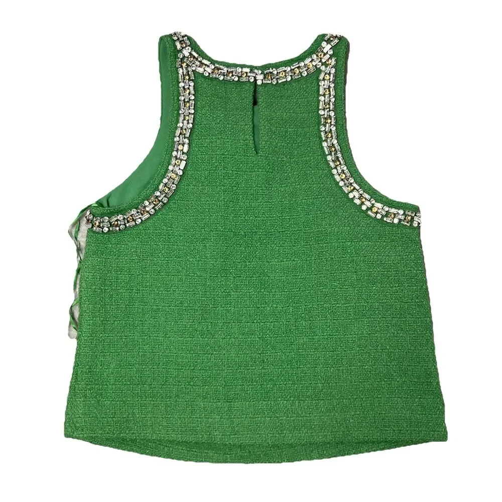J Crew Tweed Tank Womens 00 Green Embellished Rhinestone Sleeveless CQ189